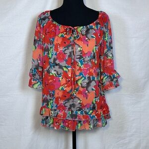 Elementz Red Multi Floral Ruffle Peasant Blouse